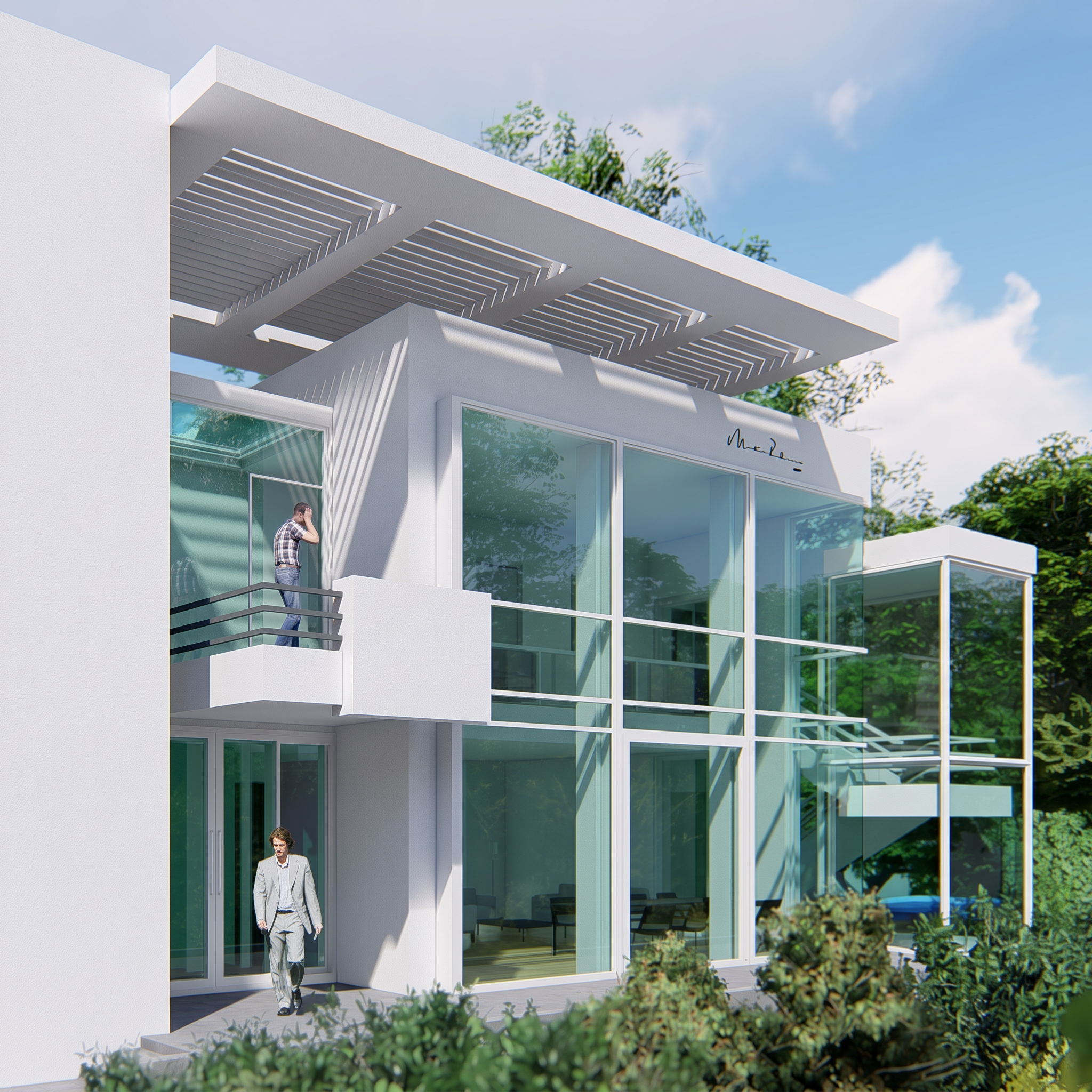 Ferienhaus in Torghabeh mit weißer Fassade, Glasfronten und auskragendem Lamellendach, Entwurf MR Architekten
