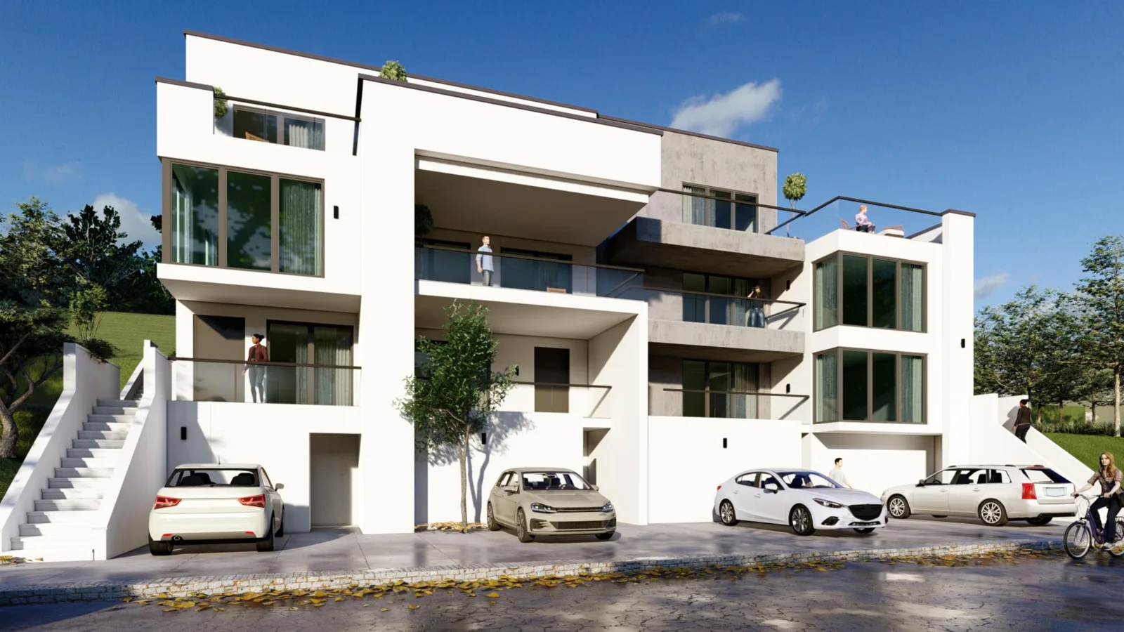 Mehrfamilienhaus, Umbau und Anbau Heppenheim – moderne weiße Wohnanlage mit Balkonen und Stellplätzen, Entwurf MR Architekten