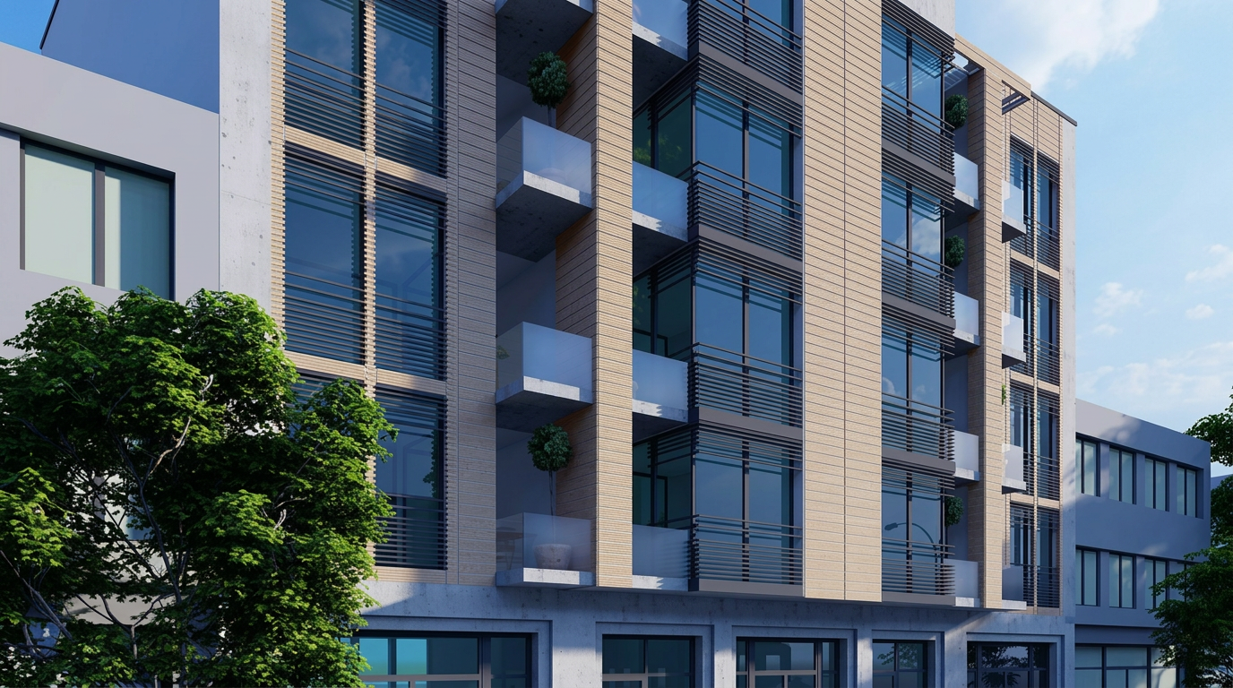 Umnutzung eines Bürogebäudes zu Long-Stay-Apartments in Mannheim, Straßenansicht mit Holzlamellen und Balkonen