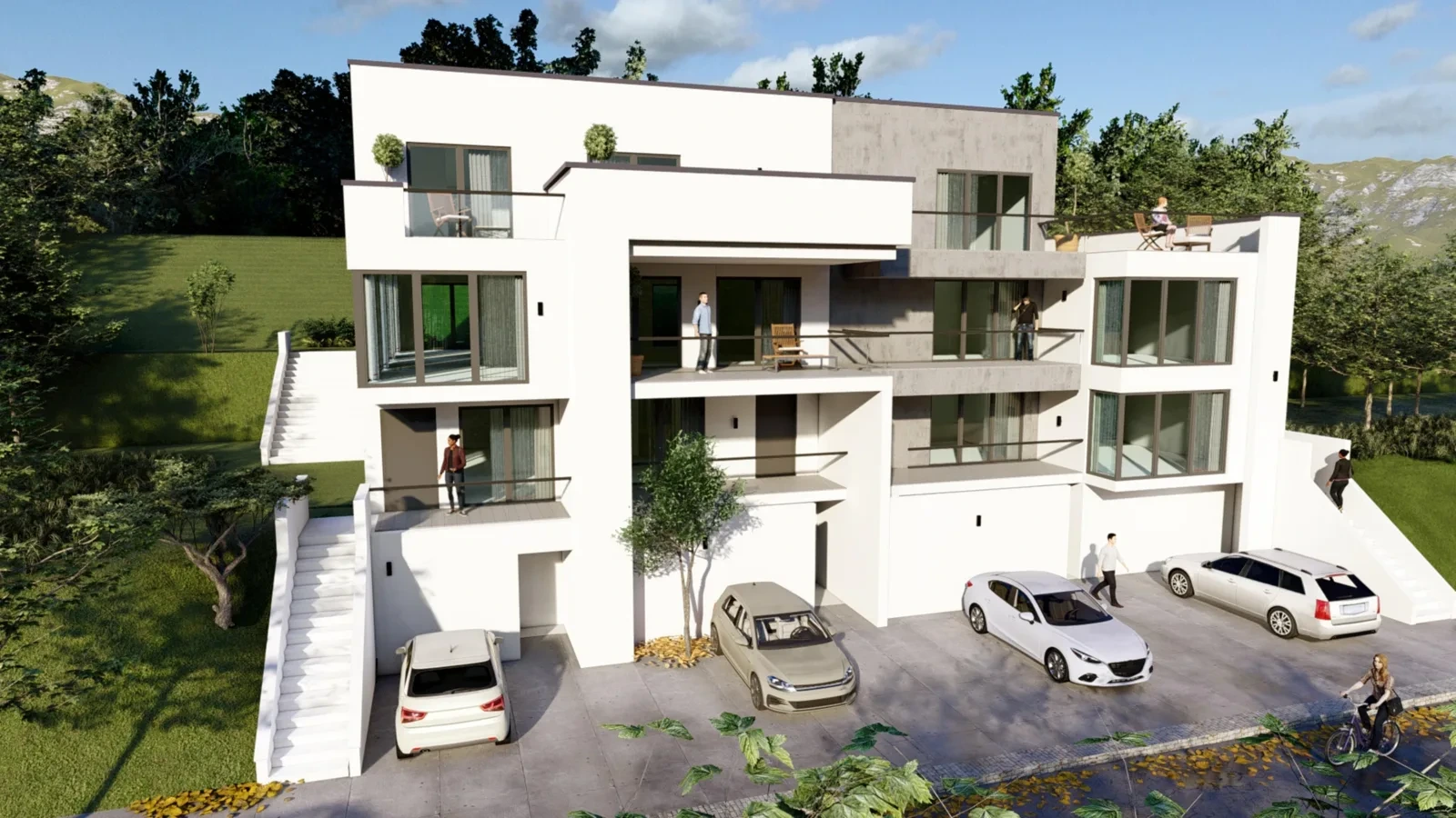 Mehrfamilienhaus, Umbau und Anbau Heppenheim – moderne weiße Wohnanlage mit Balkonen und Stellplätzen, Entwurf MR Architekten