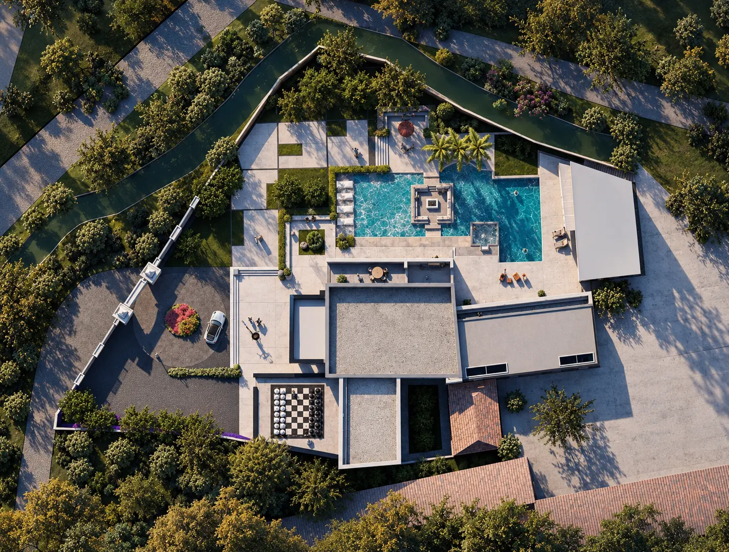 Villa Grünstadt: weiße Kuben mit Flachdach, Poollandschaft und klassischem Säulenportikus, Entwurf MR Architekten
