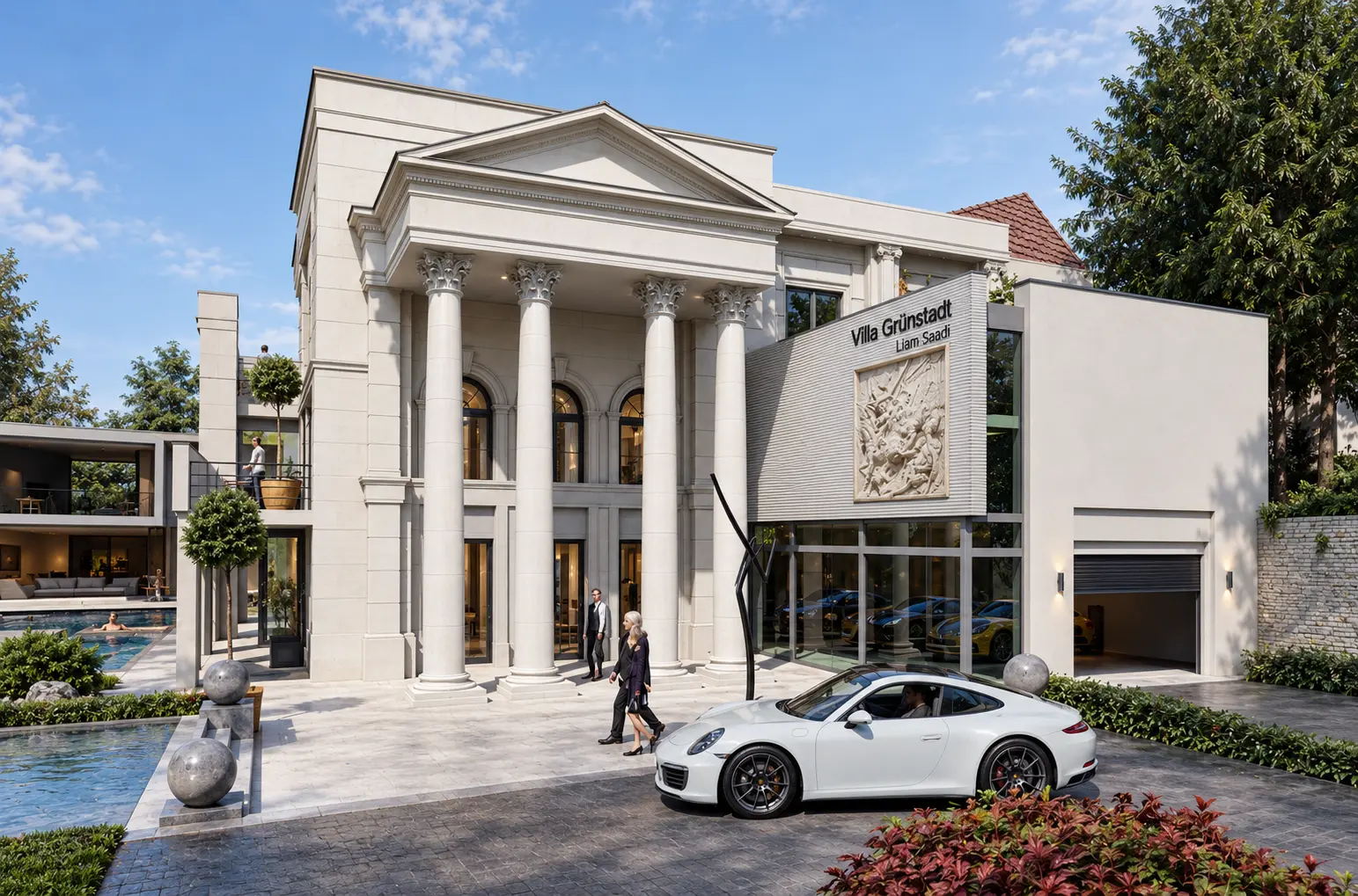 Villa Grünstadt: weiße Kuben mit Flachdach, Poollandschaft und klassischem Säulenportikus, Entwurf MR Architekten