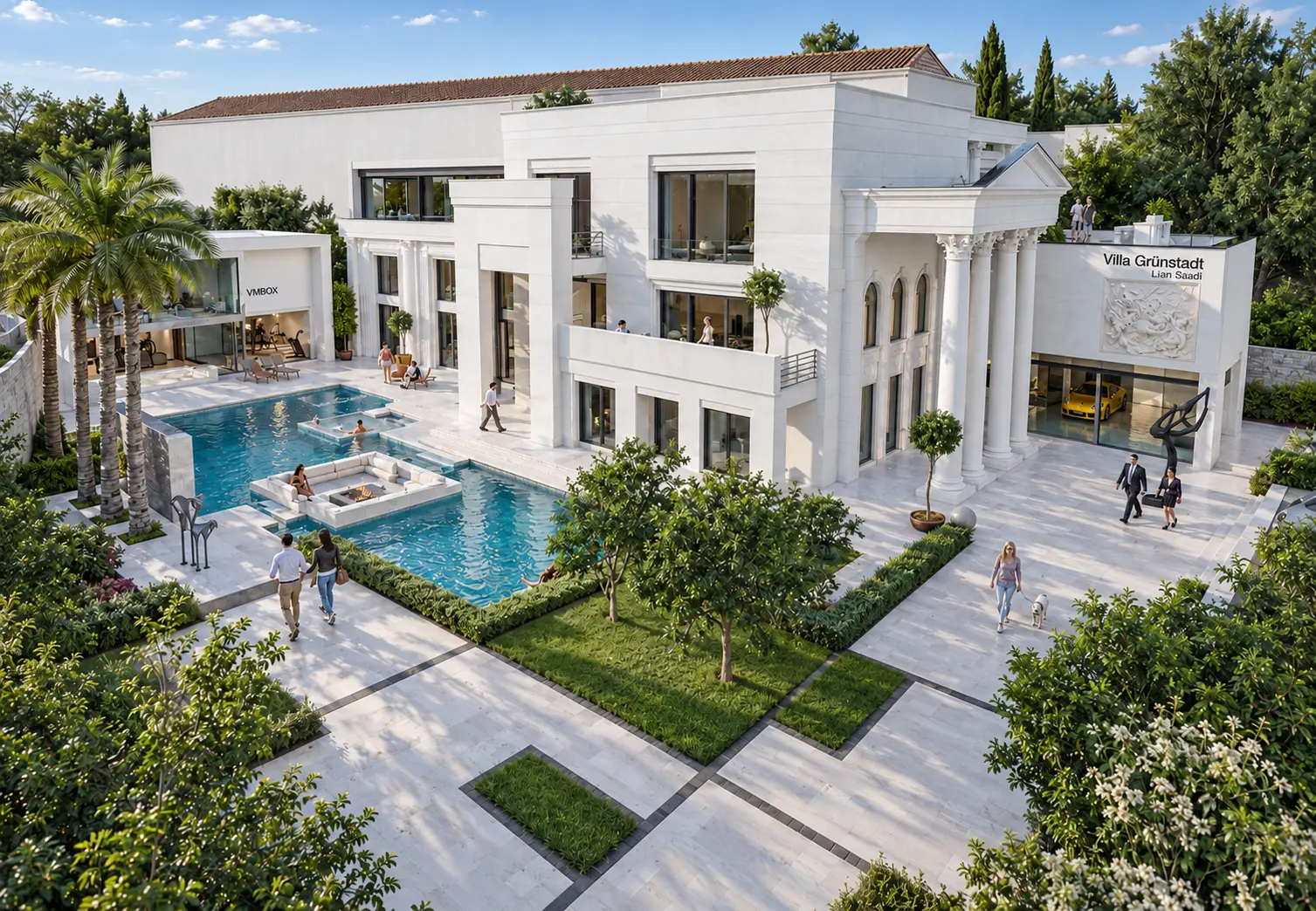 Villa Grünstadt: weiße Kuben mit Flachdach, Poollandschaft und klassischem Säulenportikus, Entwurf MR Architekten